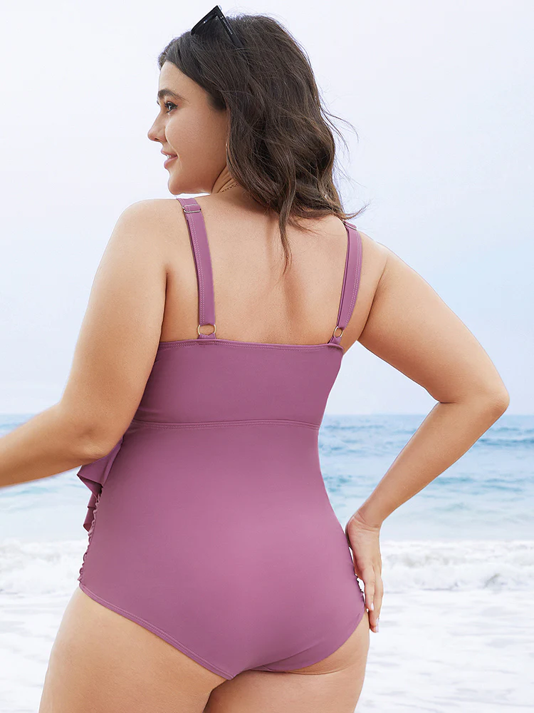 Solid Sculpt Waist Patchwork Ruffle Tiered One Piece Swimsuit - Image 6