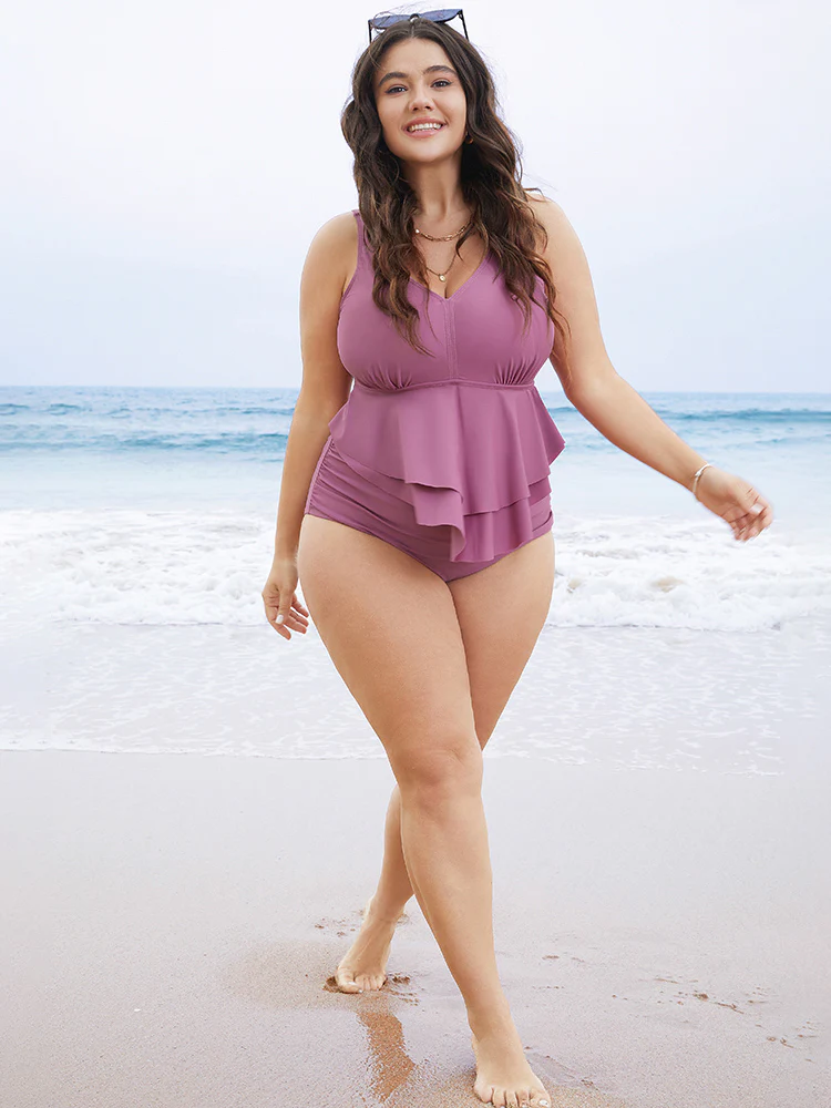 Solid Sculpt Waist Patchwork Ruffle Tiered One Piece Swimsuit - Image 8