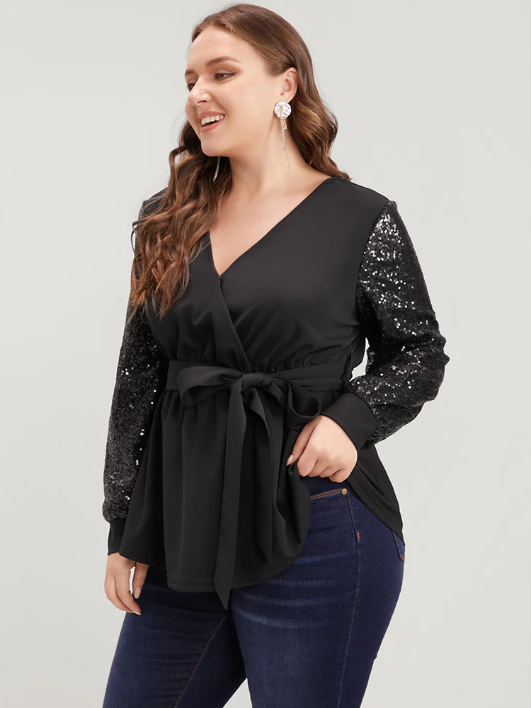 Solid Sequin Belted Surplice Neck Blouse - Image 2