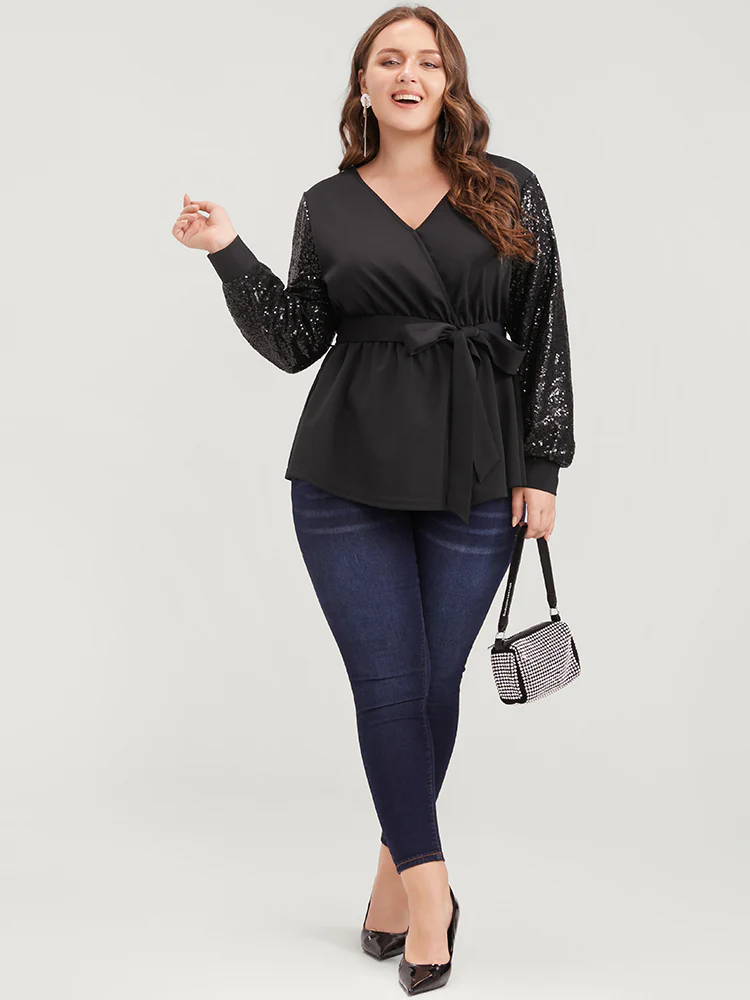 Solid Sequin Belted Surplice Neck Blouse - Image 3