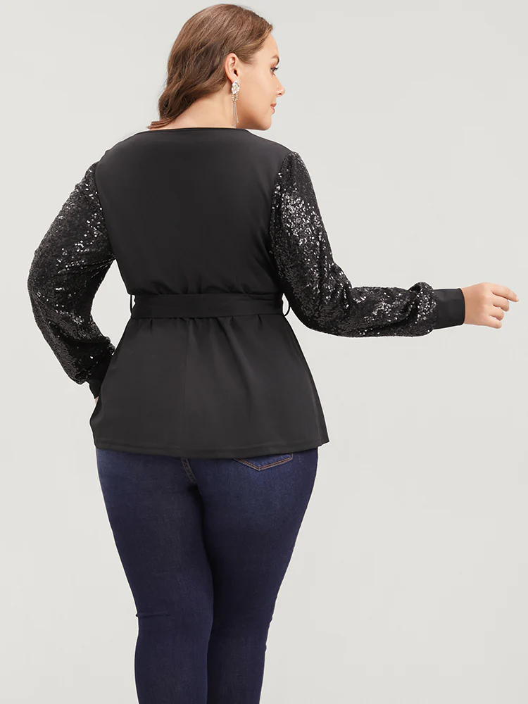 Solid Sequin Belted Surplice Neck Blouse - Image 4