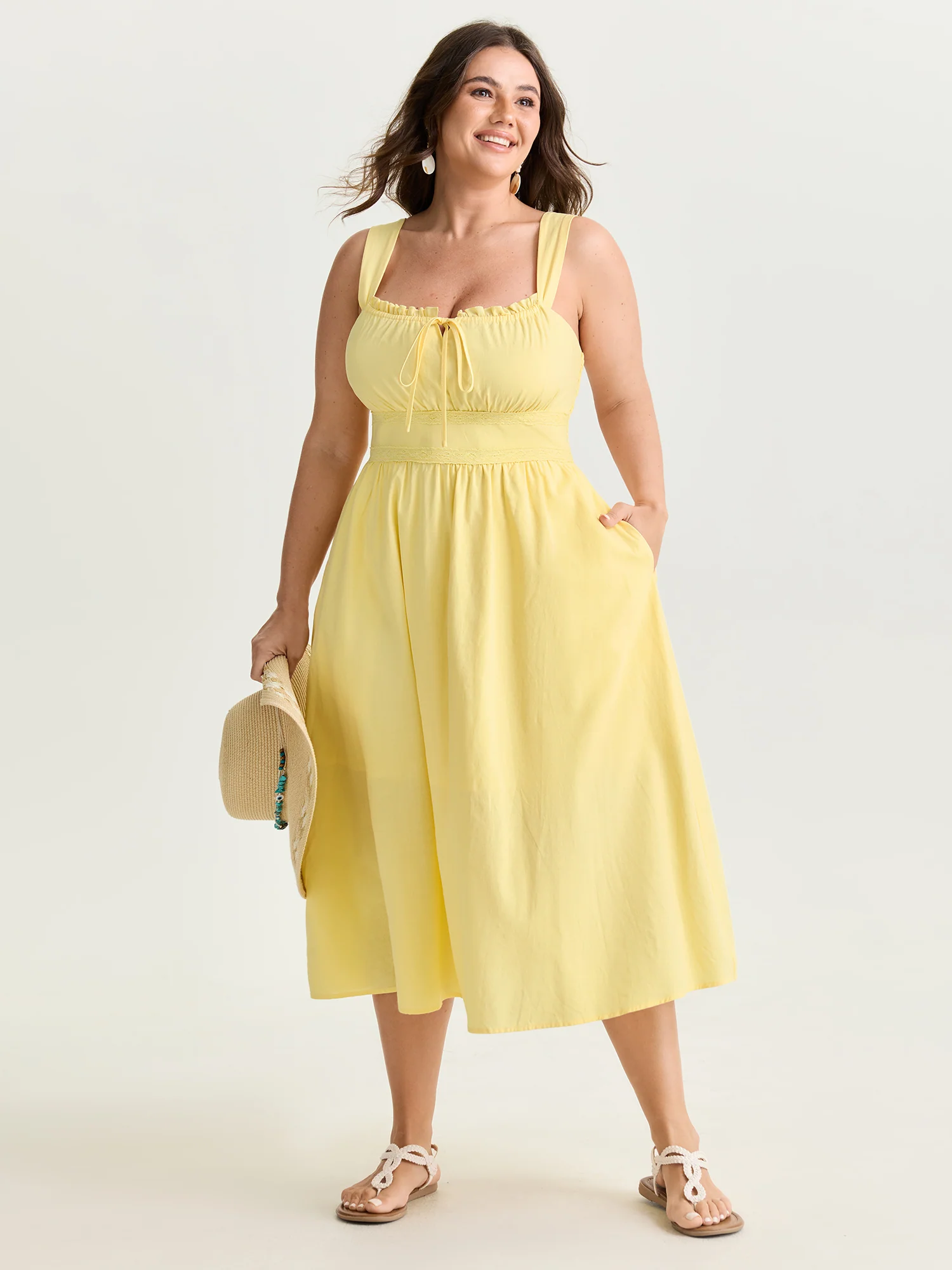 Breathable Cotton Solid Shirred Drawstring Midi Dress - Image 3