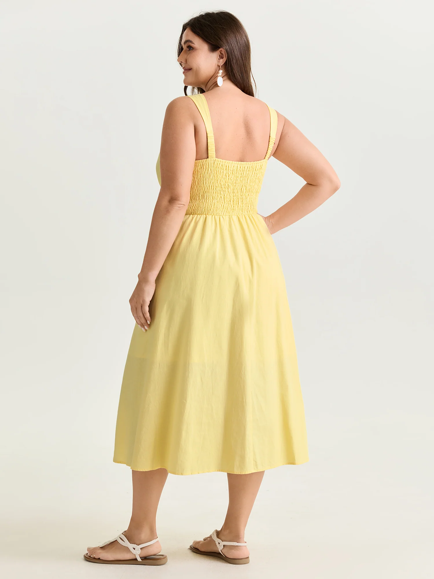 Breathable Cotton Solid Shirred Drawstring Midi Dress - Image 4