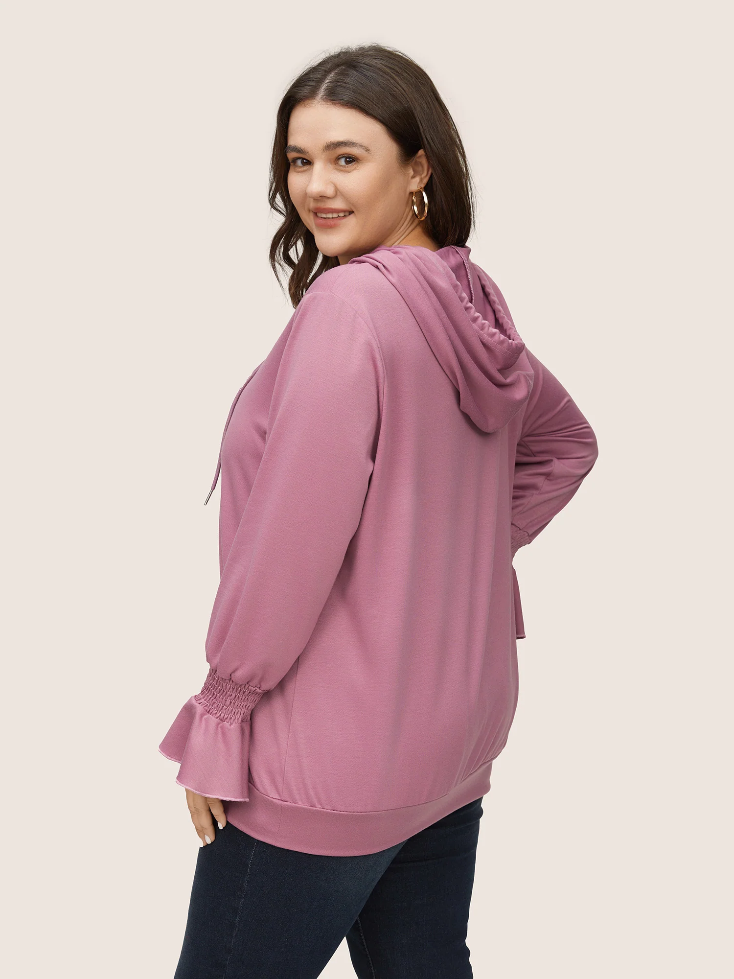 Solid Shirred Flounces Hooded Sweatshirt - Image 2