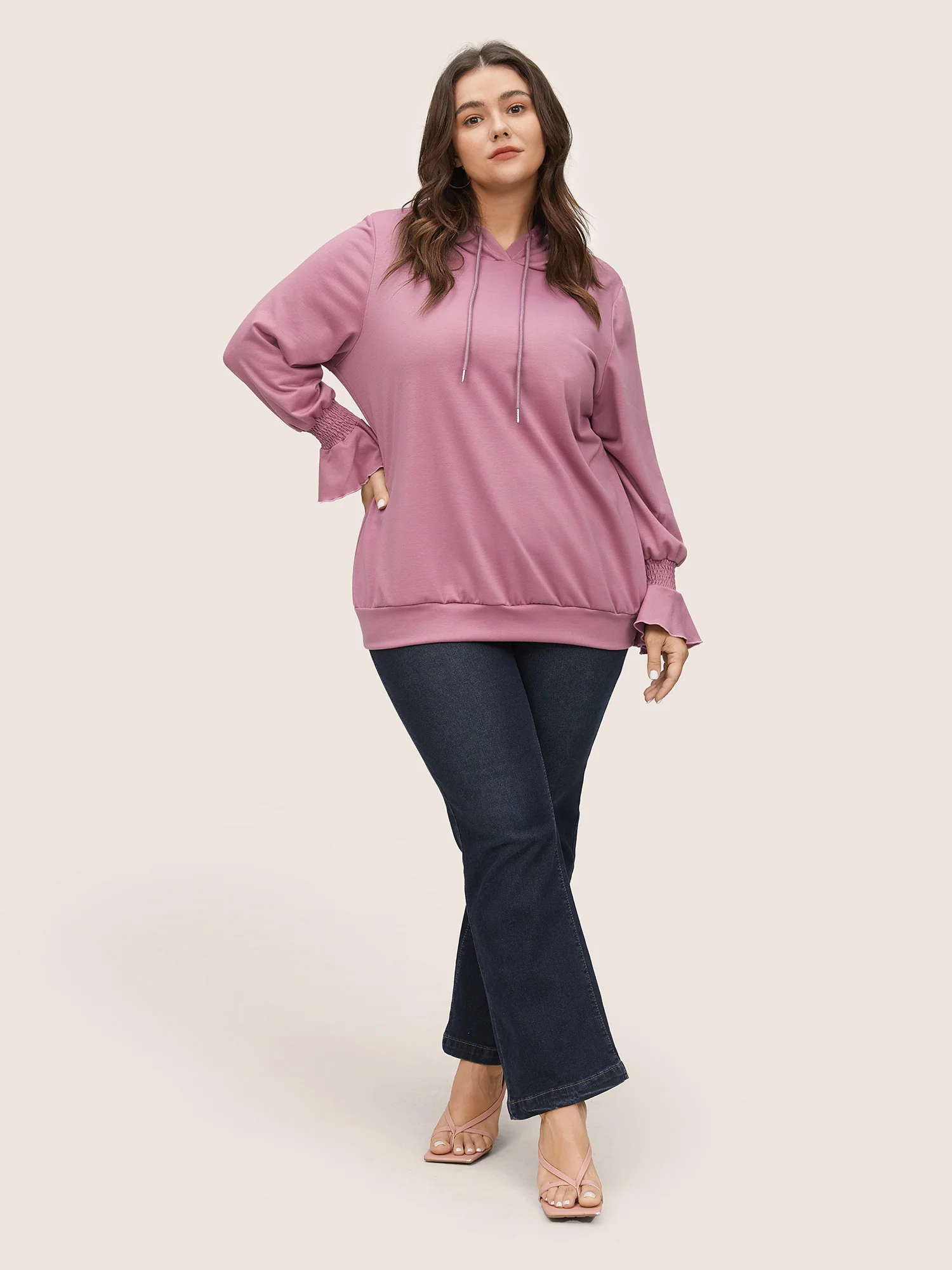 Solid Shirred Flounces Hooded Sweatshirt - Image 3