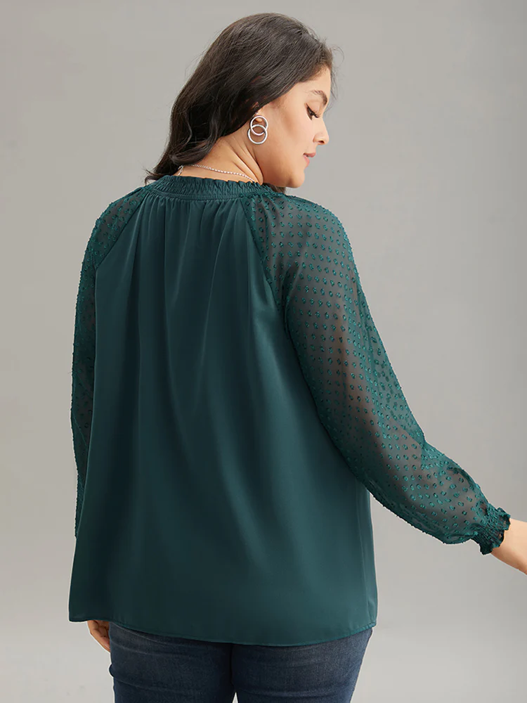 Static-Free Solid Shirred Mesh Texture Keyhole Blouse - Image 2