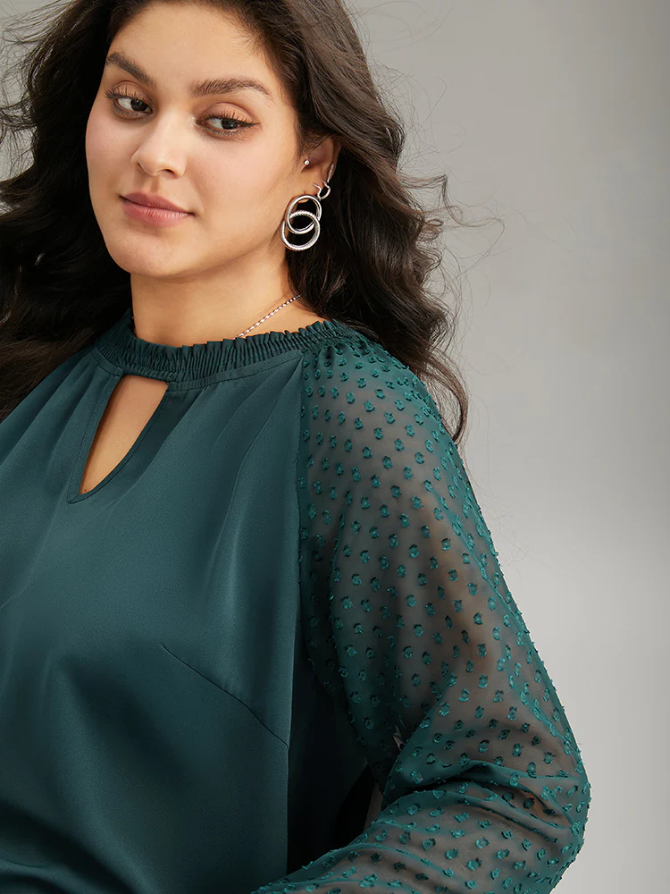 Static-Free Solid Shirred Mesh Texture Keyhole Blouse - Image 3