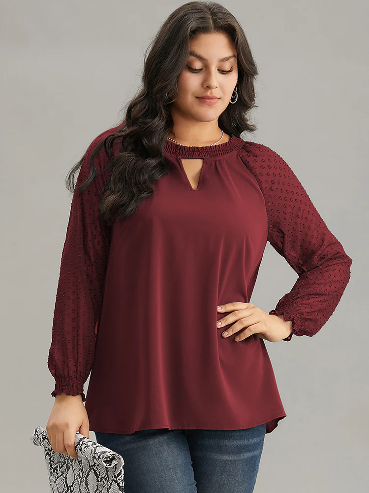 Static-Free Solid Shirred Mesh Texture Keyhole Blouse - Image 5