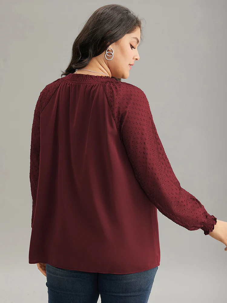 Static-Free Solid Shirred Mesh Texture Keyhole Blouse - Image 6
