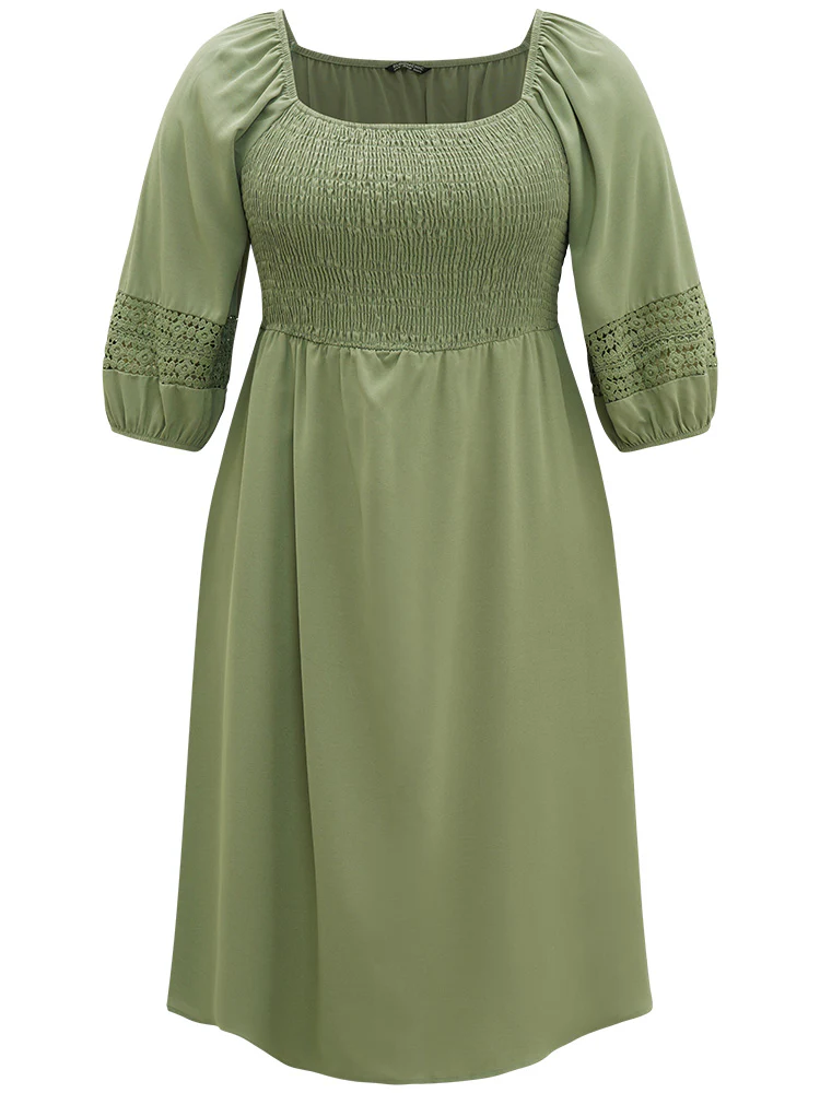 Solid Shirred Square Neck Guipure Lace Dress - Image 10
