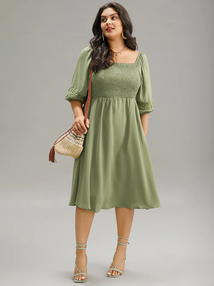 Solid Shirred Square Neck Guipure Lace Dress - Image 2