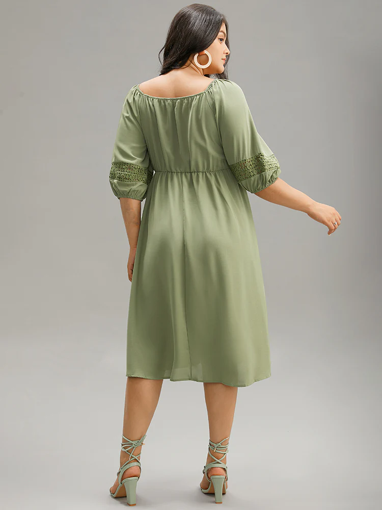 Solid Shirred Square Neck Guipure Lace Dress - Image 3