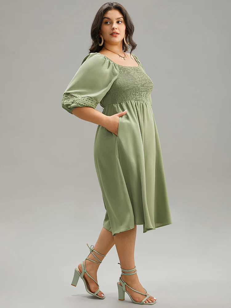 Solid Shirred Square Neck Guipure Lace Dress - Image 4