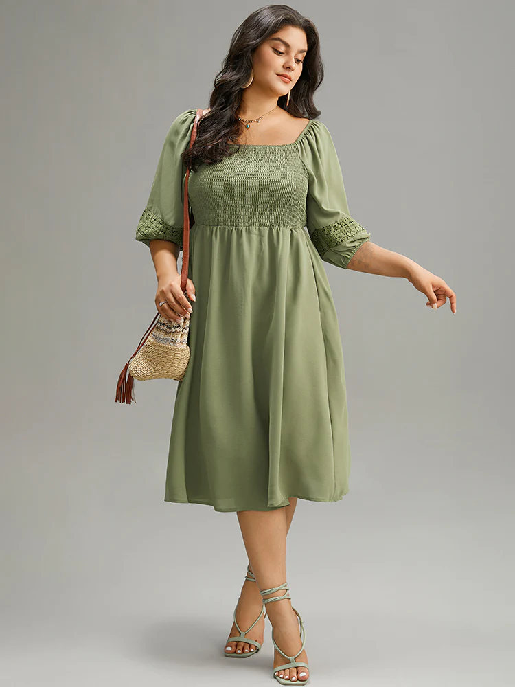 Solid Shirred Square Neck Guipure Lace Dress - Image 5