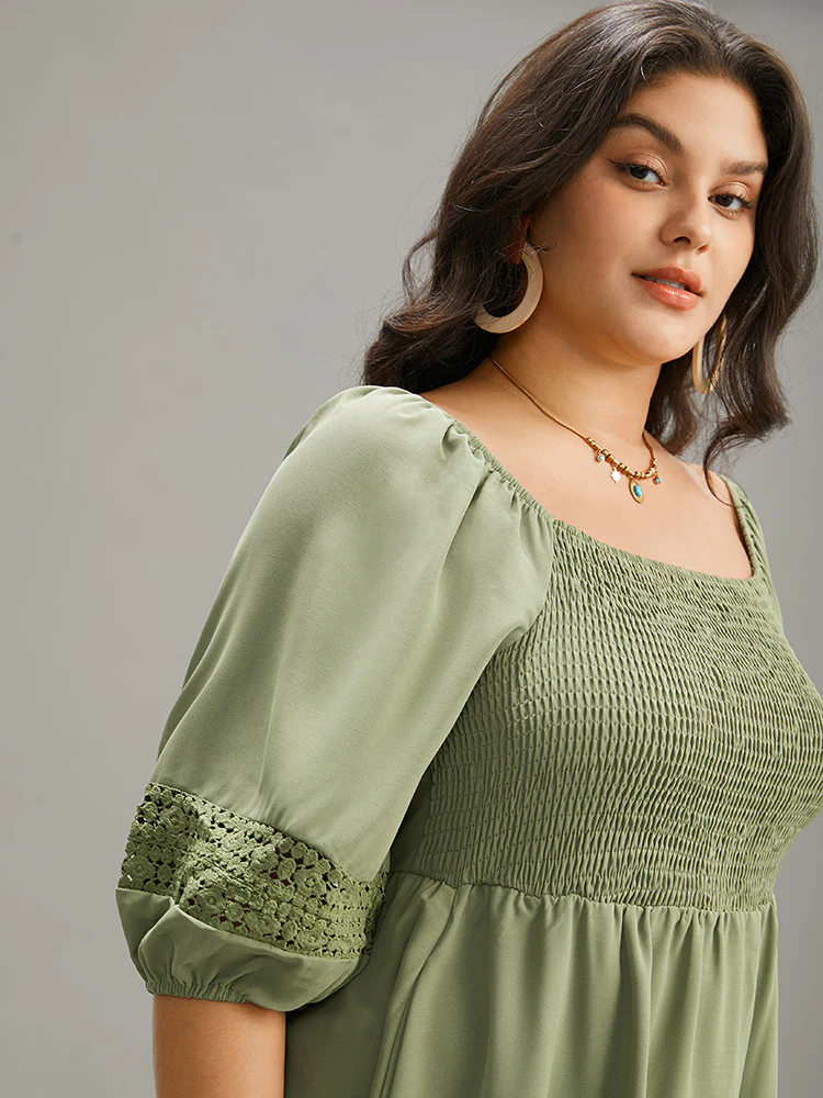 Solid Shirred Square Neck Guipure Lace Dress - Image 6