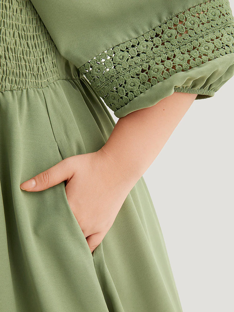 Solid Shirred Square Neck Guipure Lace Dress - Image 7