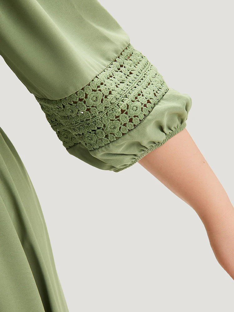 Solid Shirred Square Neck Guipure Lace Dress - Image 8