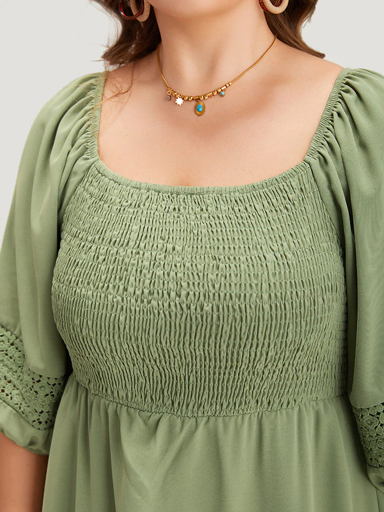 Solid Shirred Square Neck Guipure Lace Dress - Image 9