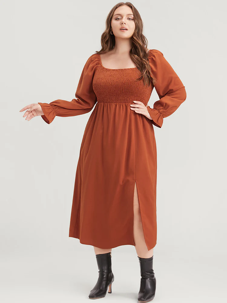 Solid Shirred Square Neck Lantern Sleeve Split Hem Dress - Image 2