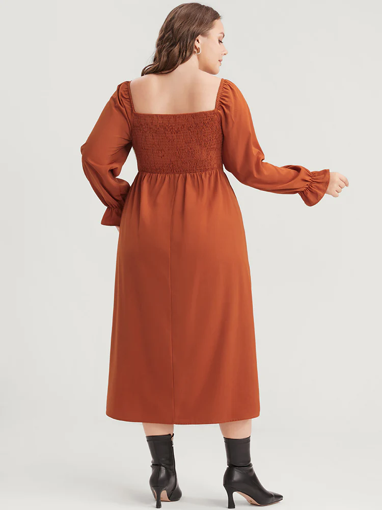 Solid Shirred Square Neck Lantern Sleeve Split Hem Dress - Image 4
