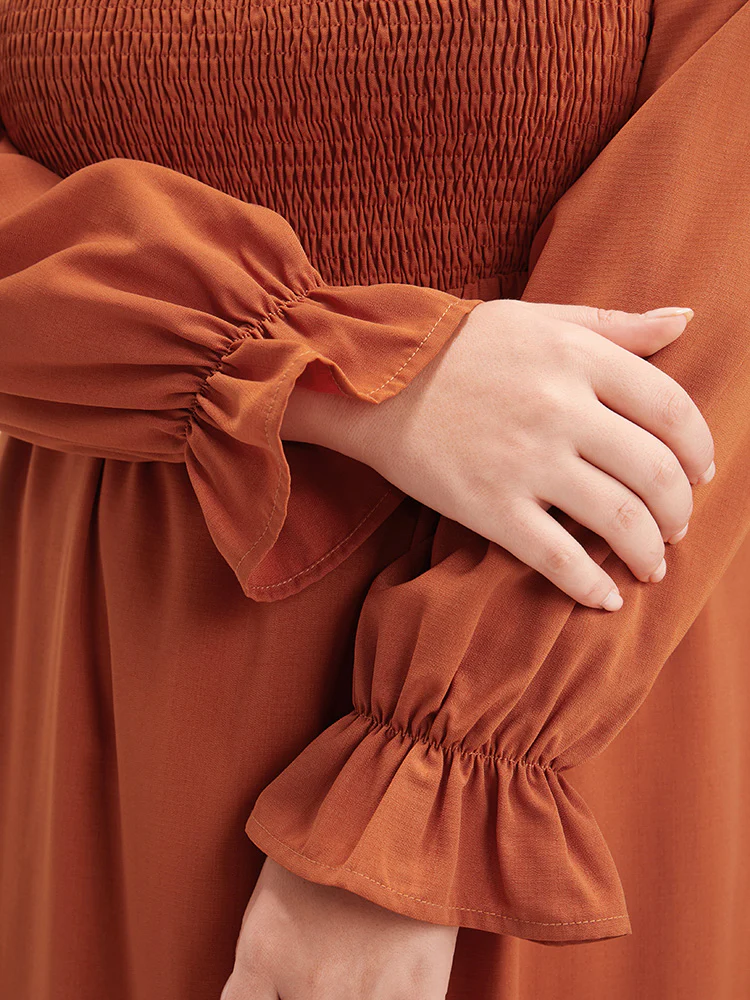 Solid Shirred Square Neck Lantern Sleeve Split Hem Dress - Image 5