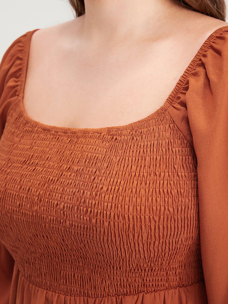 Solid Shirred Square Neck Lantern Sleeve Split Hem Dress - Image 7