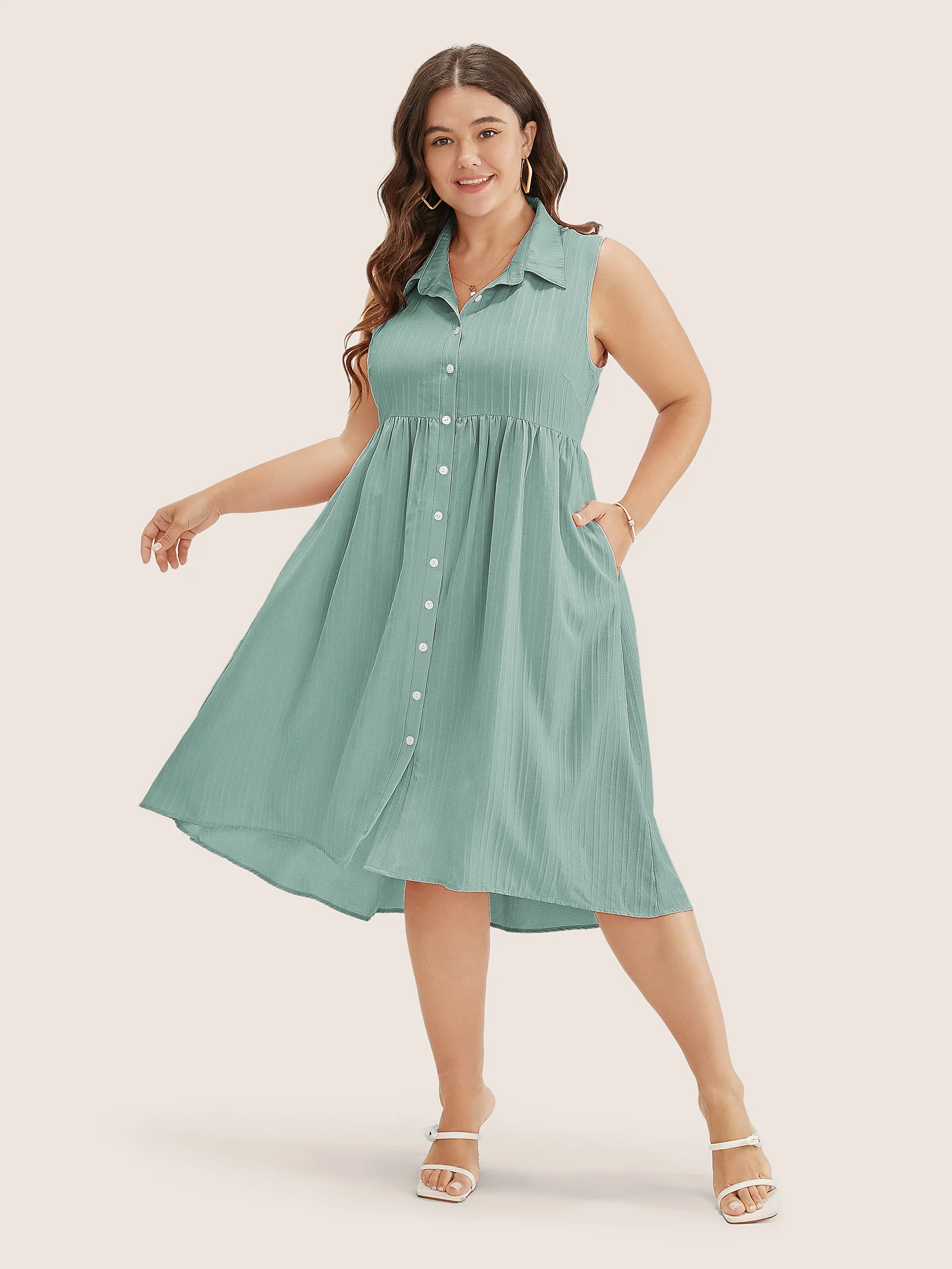 Solid Shirt Collar Ruffle Pocket High Low Hem Button Up Dress - Image 3