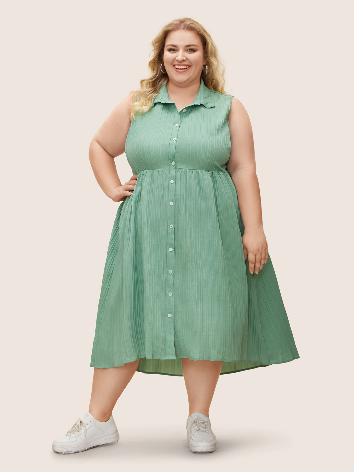 Solid Shirt Collar Ruffle Pocket High Low Hem Button Up Dress - Image 4