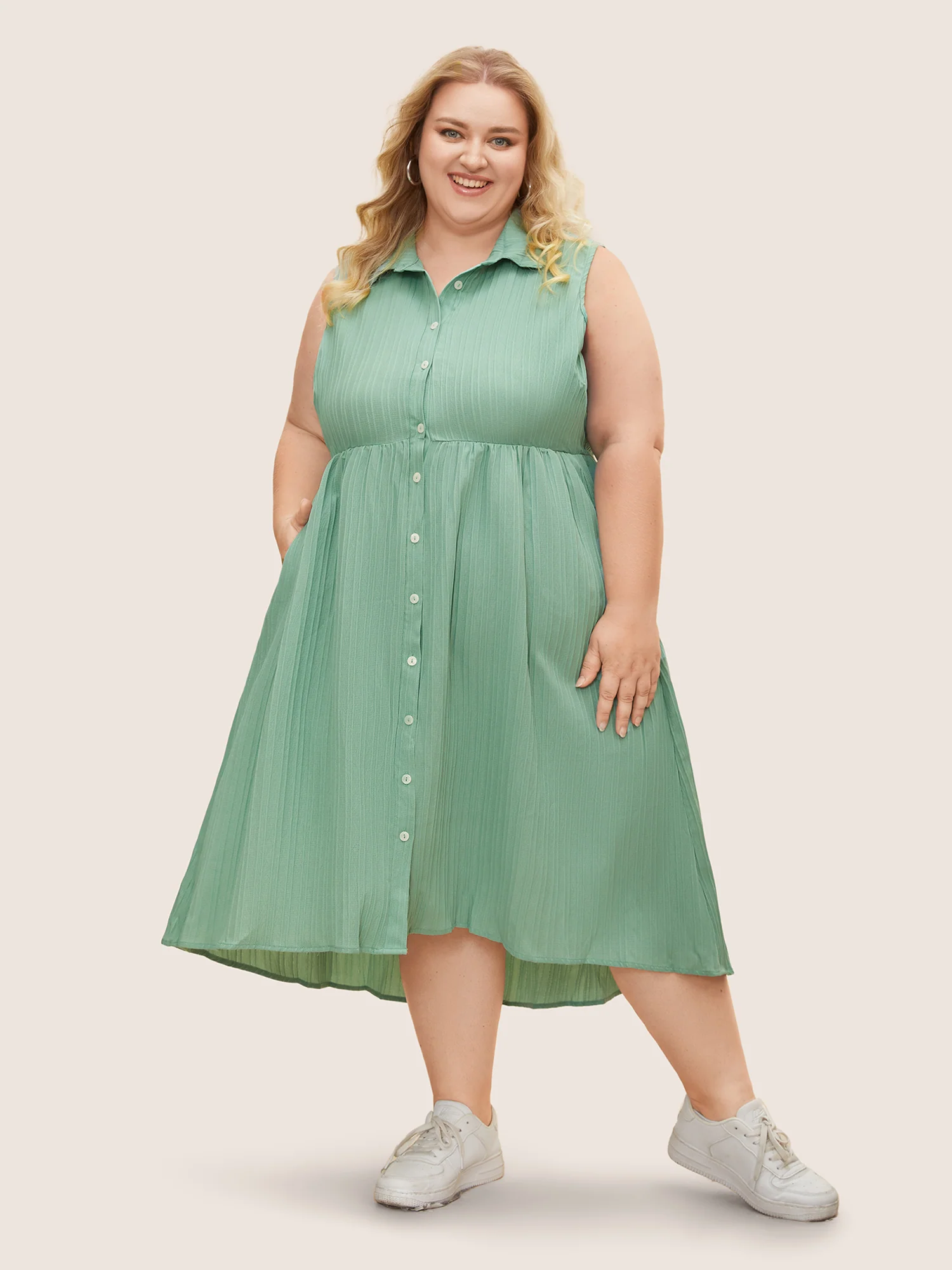 Solid Shirt Collar Ruffle Pocket High Low Hem Button Up Dress - Image 5