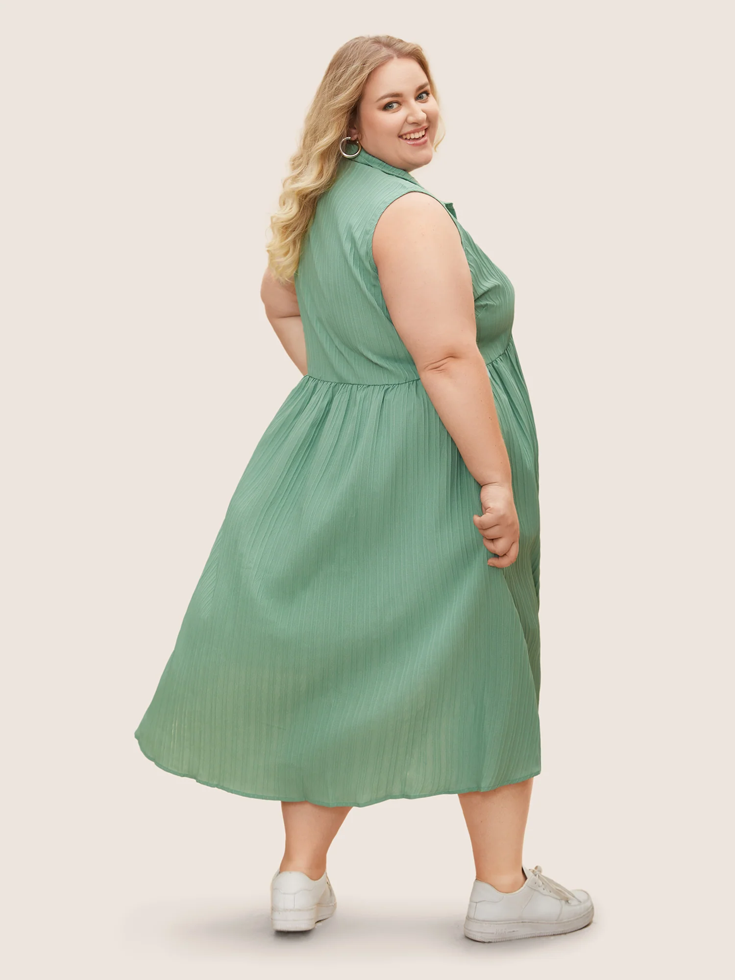 Solid Shirt Collar Ruffle Pocket High Low Hem Button Up Dress - Image 6