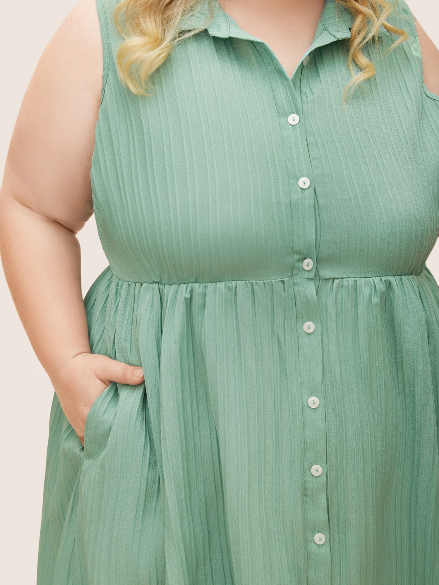 Solid Shirt Collar Ruffle Pocket High Low Hem Button Up Dress - Image 7