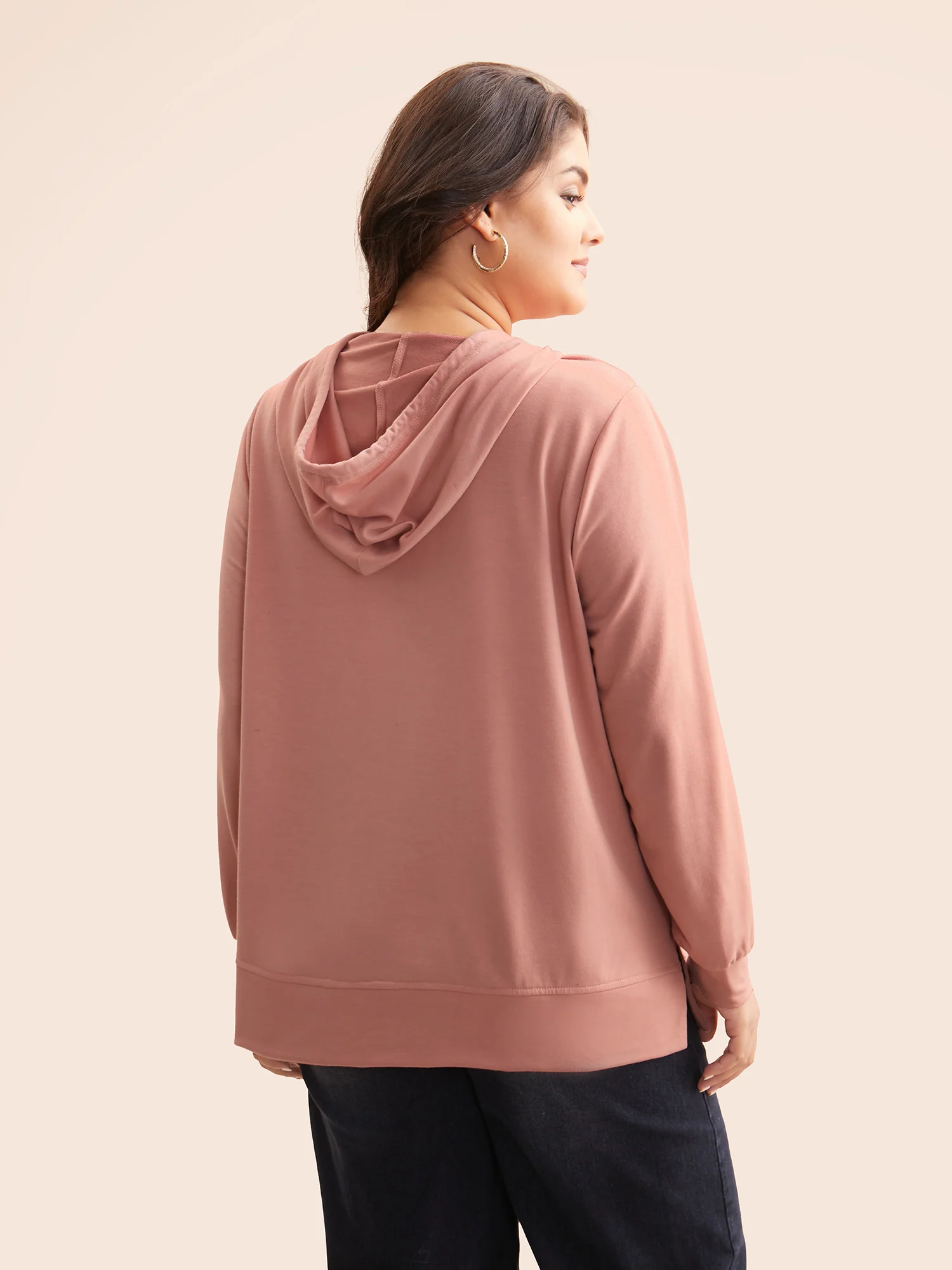 Solid Slightly Stretchy Hooded Drawstring Sweatshirt - Image 2