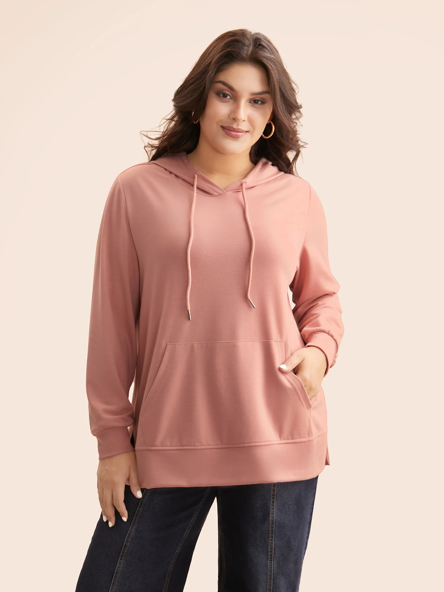 Solid Slightly Stretchy Hooded Drawstring Sweatshirt - Image 3