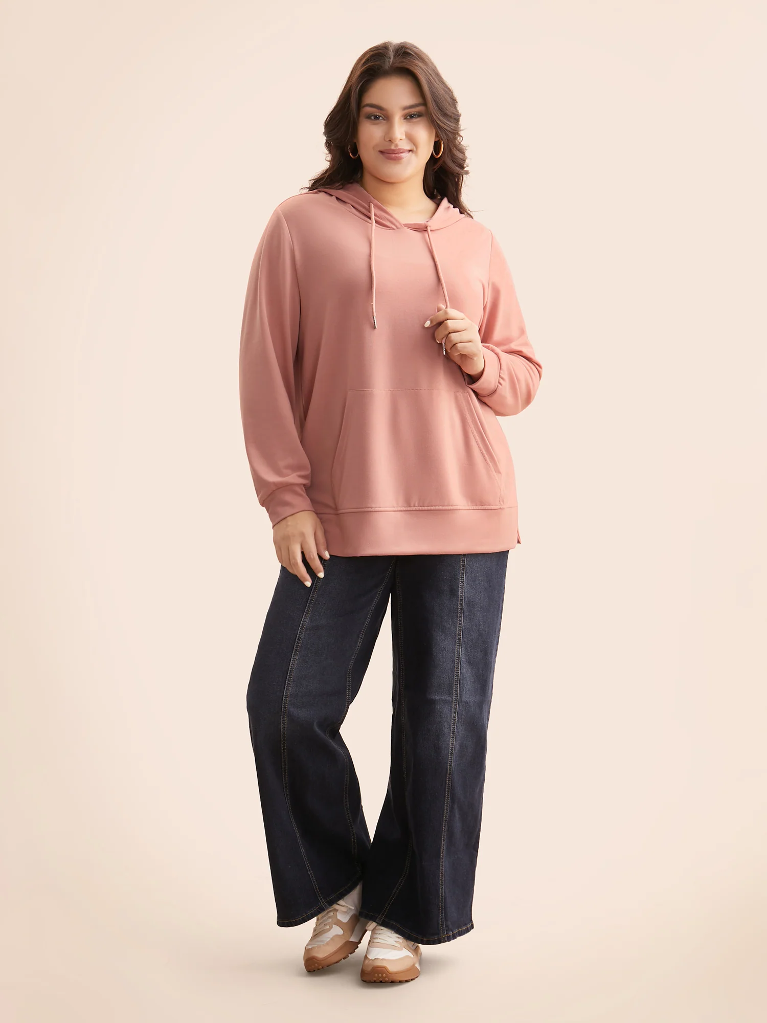 Solid Slightly Stretchy Hooded Drawstring Sweatshirt - Image 4