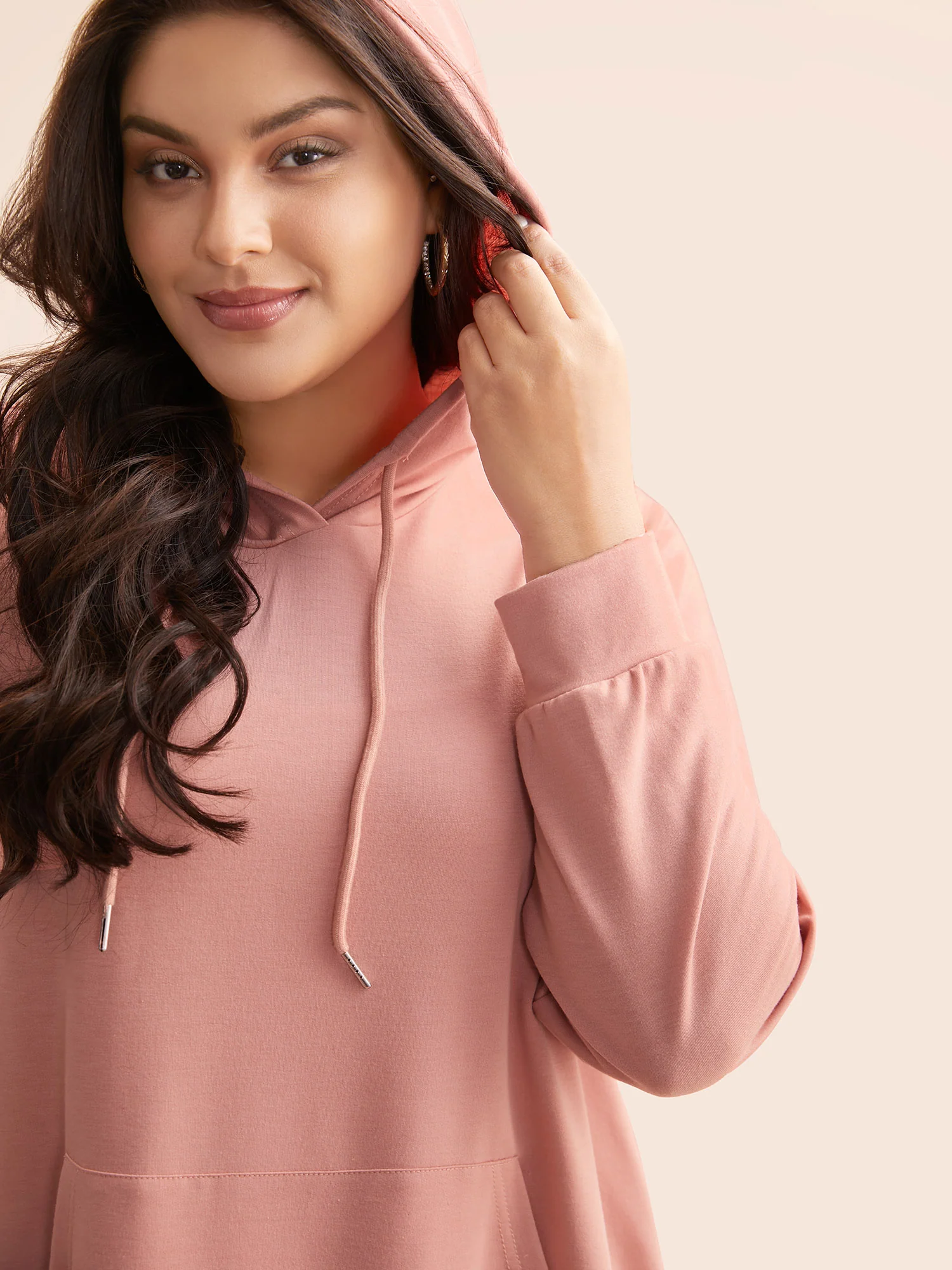 Solid Slightly Stretchy Hooded Drawstring Sweatshirt - Image 5