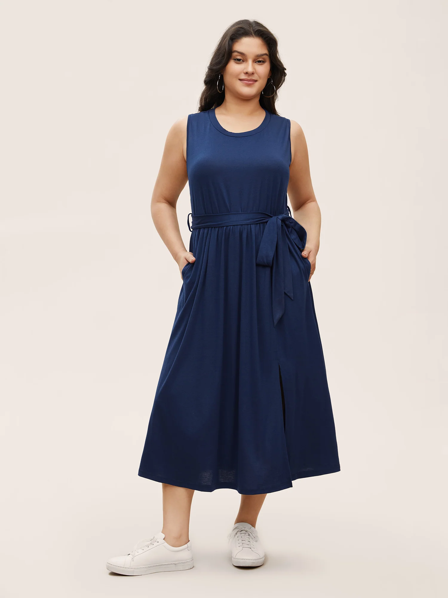Solid Slit Hem Sleeveless Belted Dress