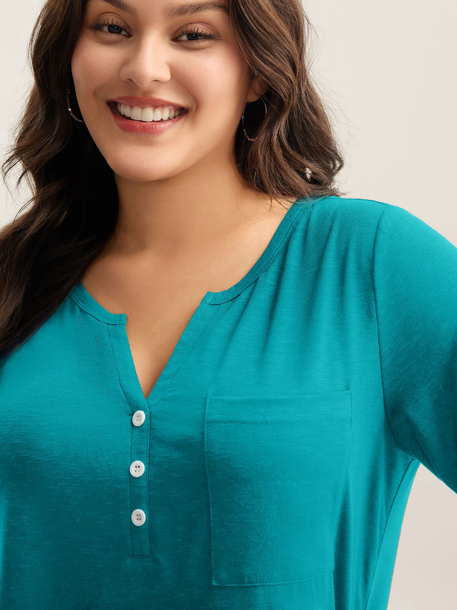 Solid Split Neck Button Detail T-Shirt - Image 10