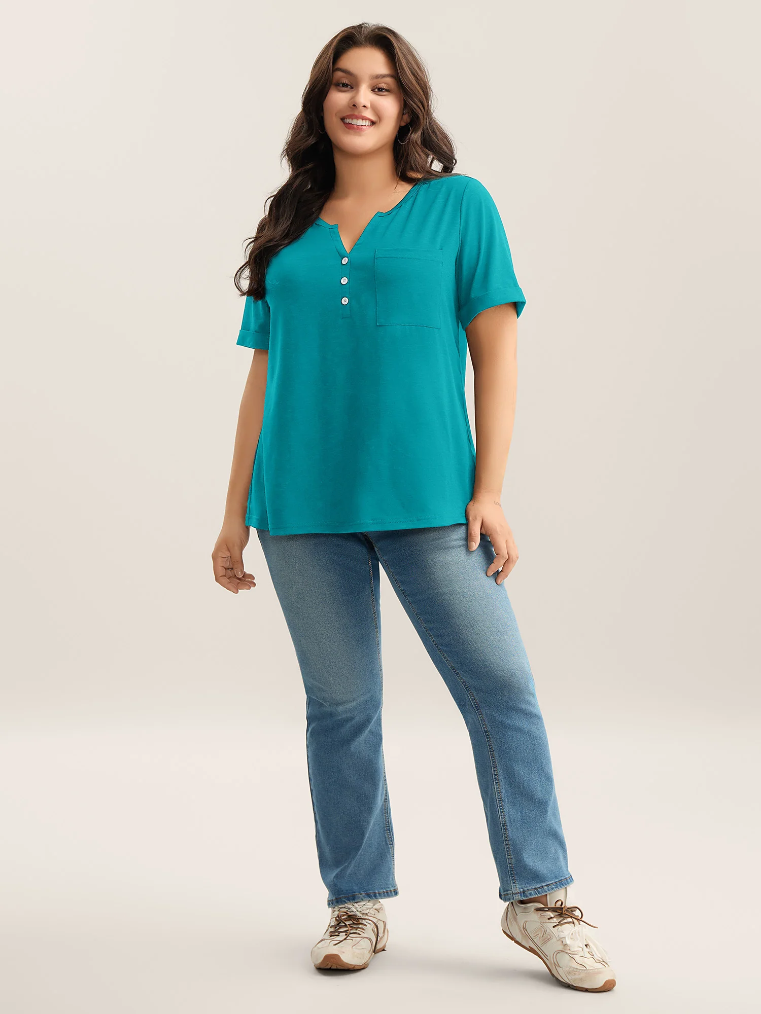 Solid Split Neck Button Detail T-Shirt - Image 11
