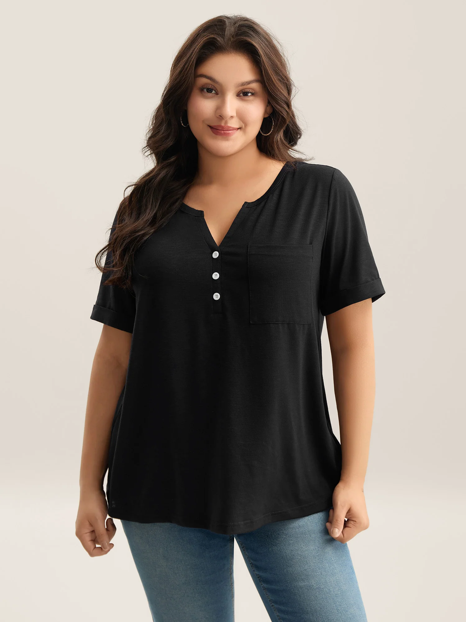 Solid Split Neck Button Detail T-Shirt - Image 13