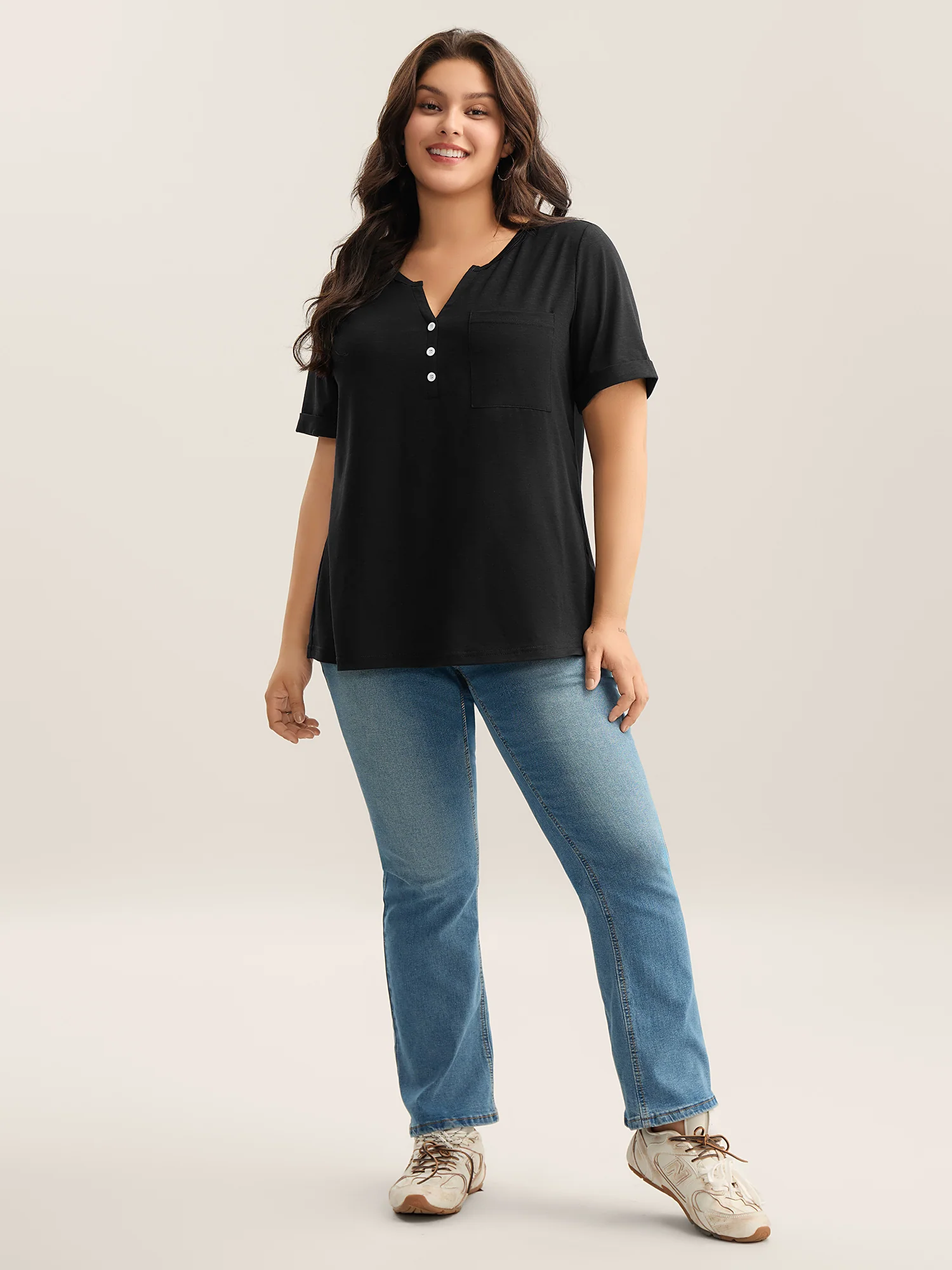Solid Split Neck Button Detail T-Shirt - Image 15