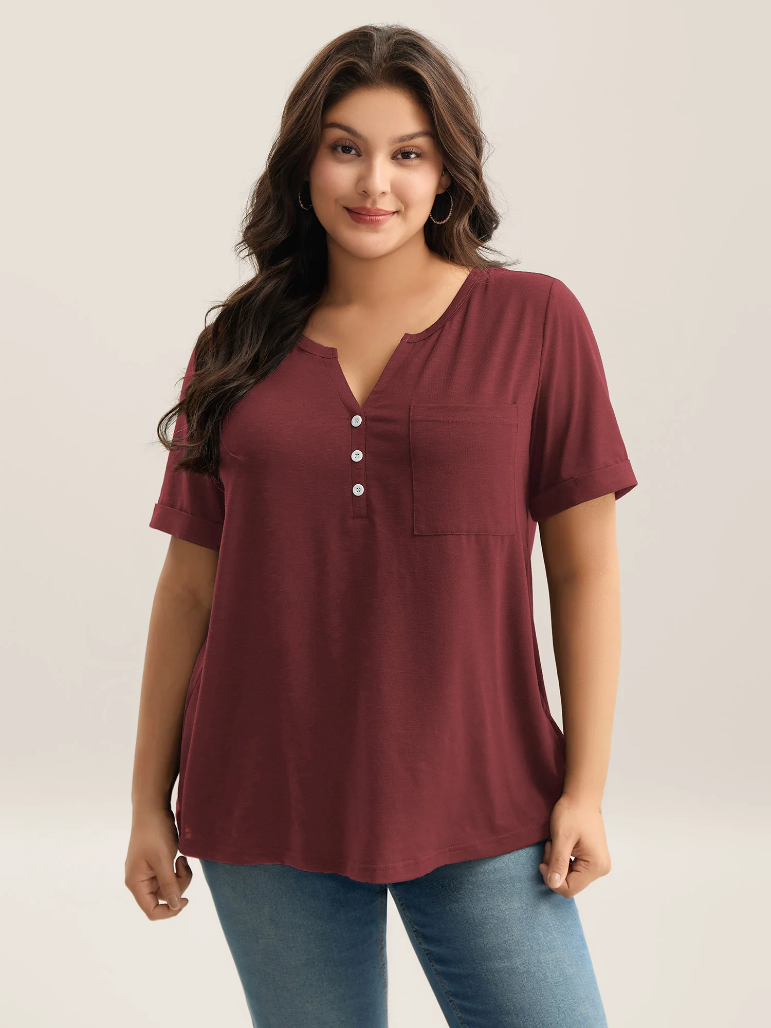Solid Split Neck Button Detail T-Shirt - Image 17