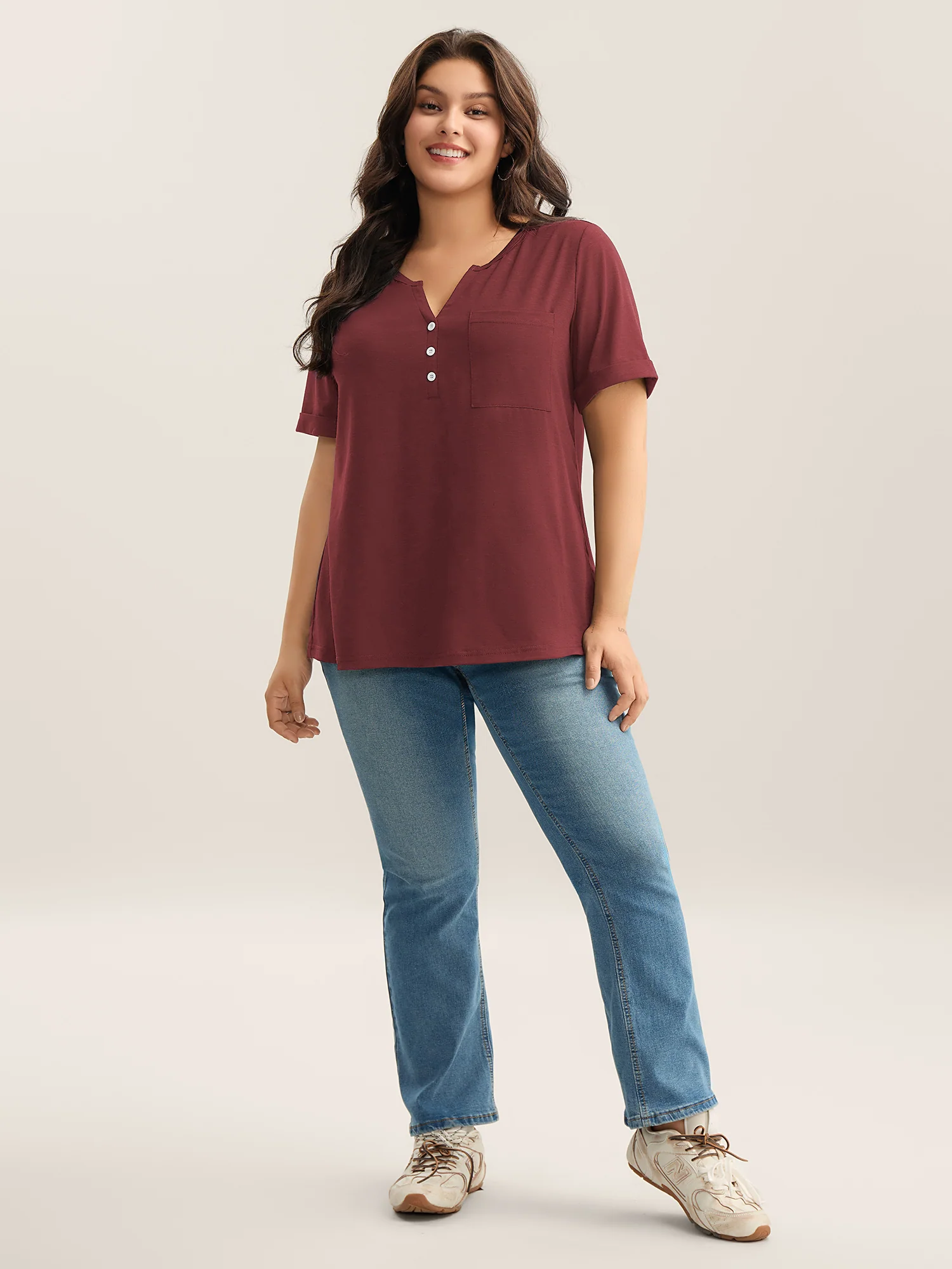 Solid Split Neck Button Detail T-Shirt - Image 19