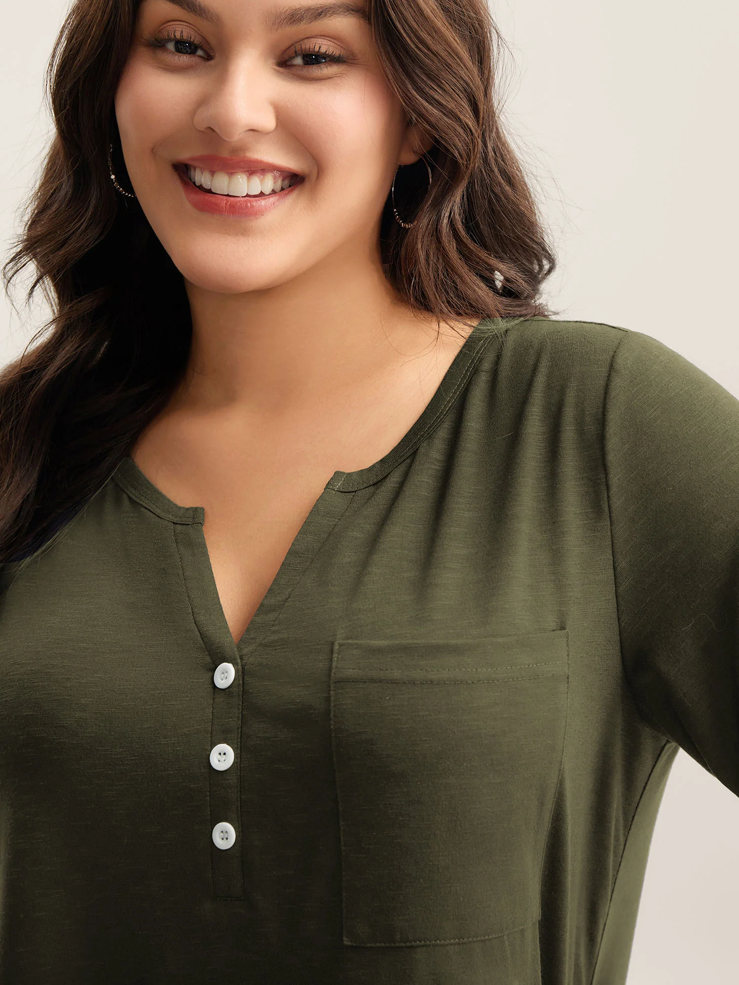 Solid Split Neck Button Detail T-Shirt - Image 2