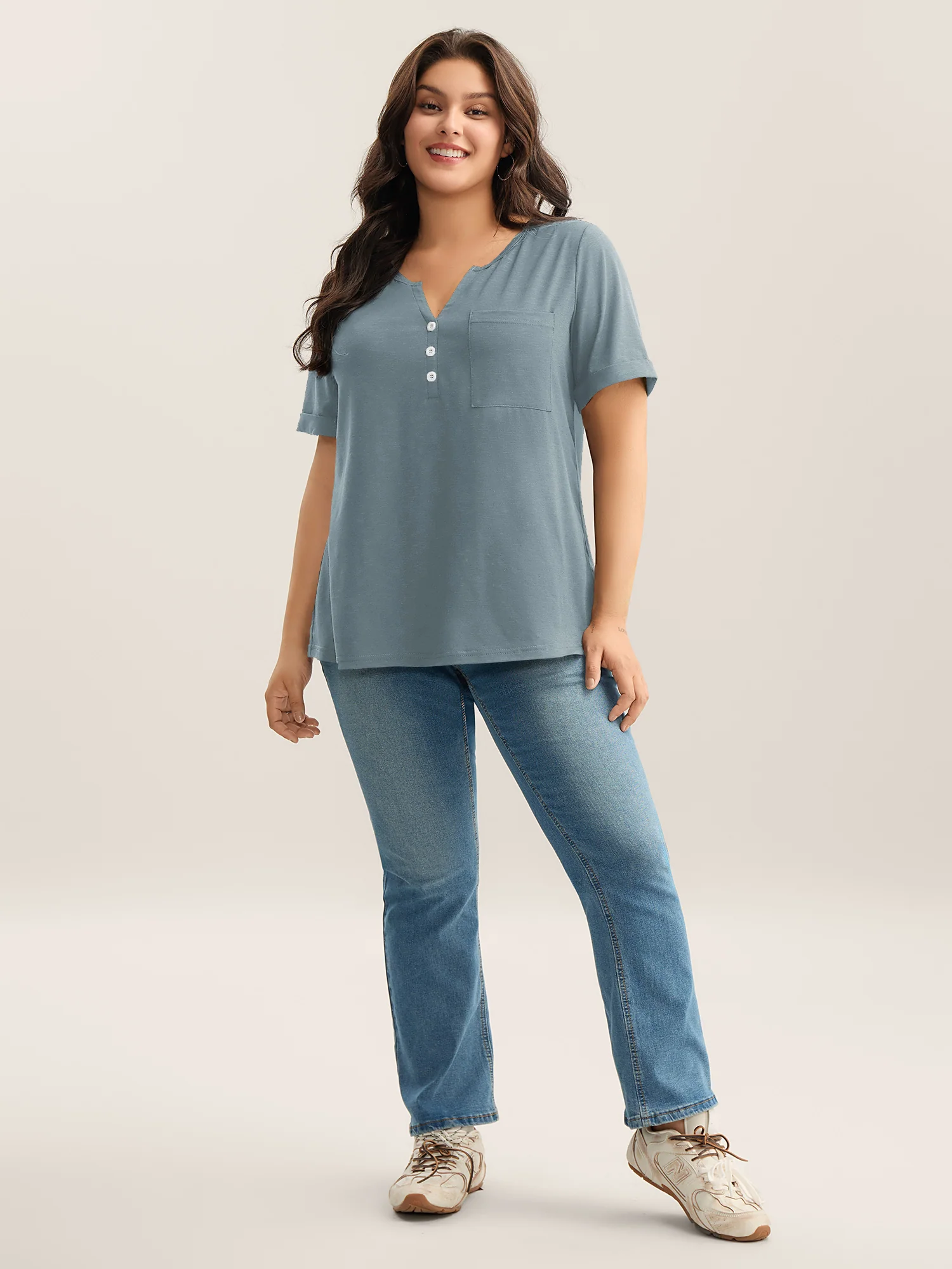 Solid Split Neck Button Detail T-Shirt - Image 23