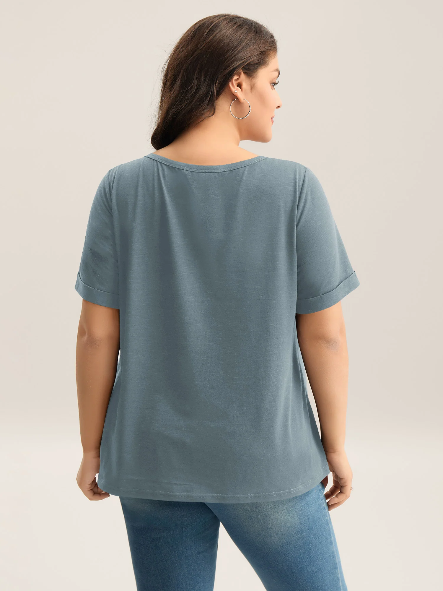 Solid Split Neck Button Detail T-Shirt - Image 24