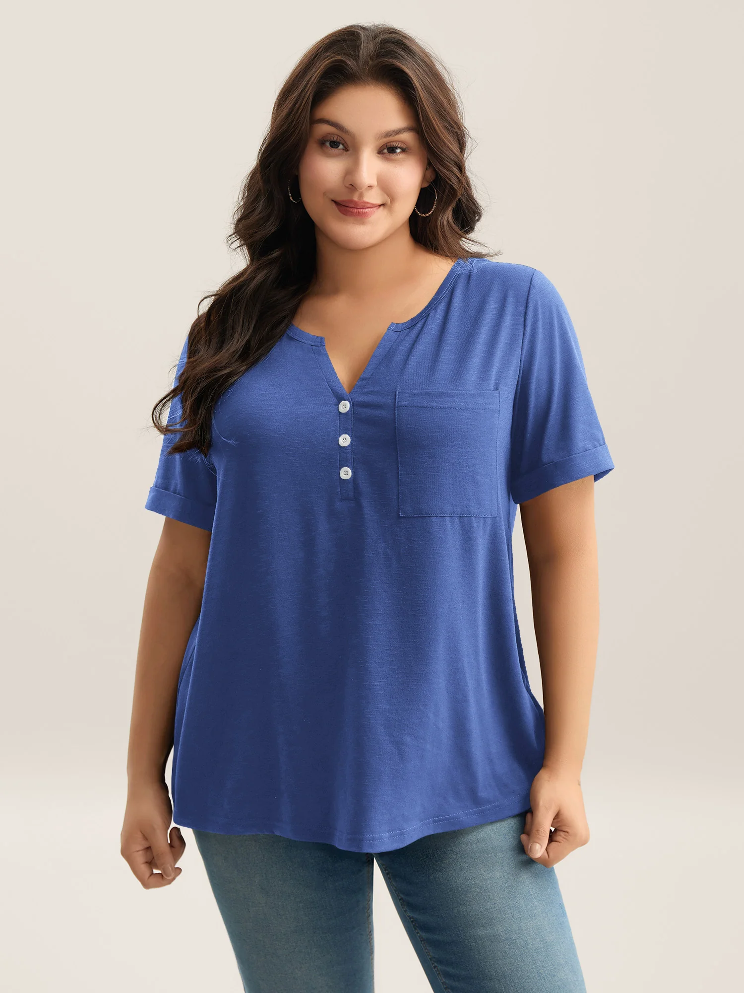 Solid Split Neck Button Detail T-Shirt - Image 25