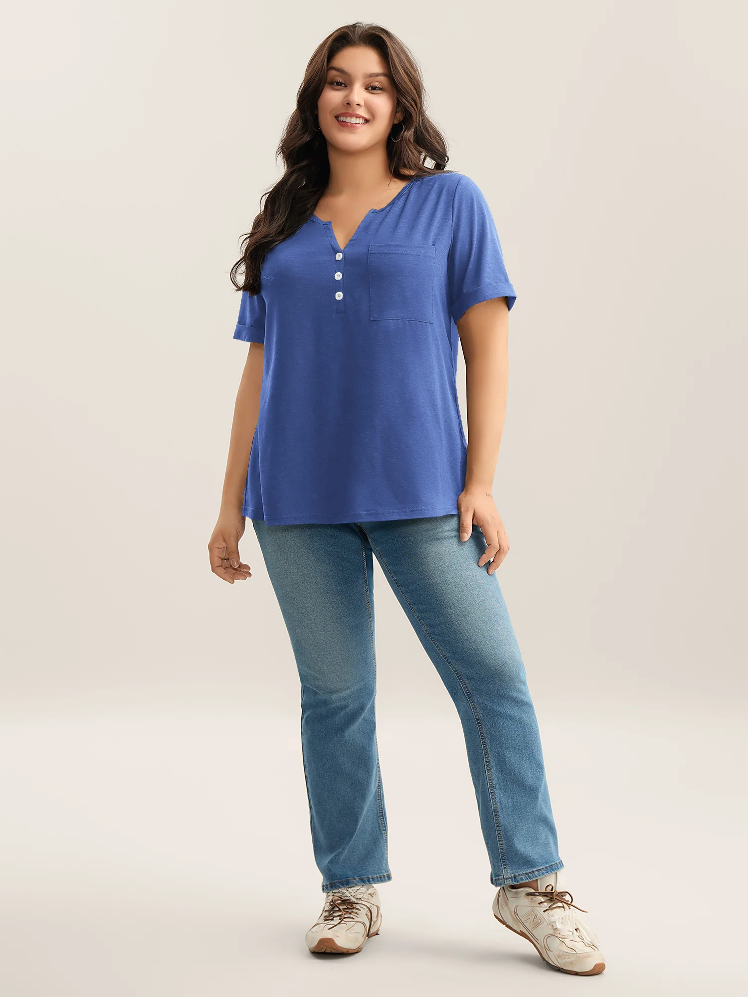 Solid Split Neck Button Detail T-Shirt - Image 27