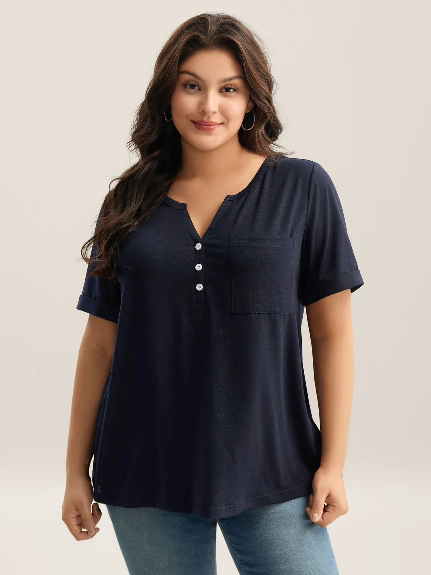 Solid Split Neck Button Detail T-Shirt - Image 29