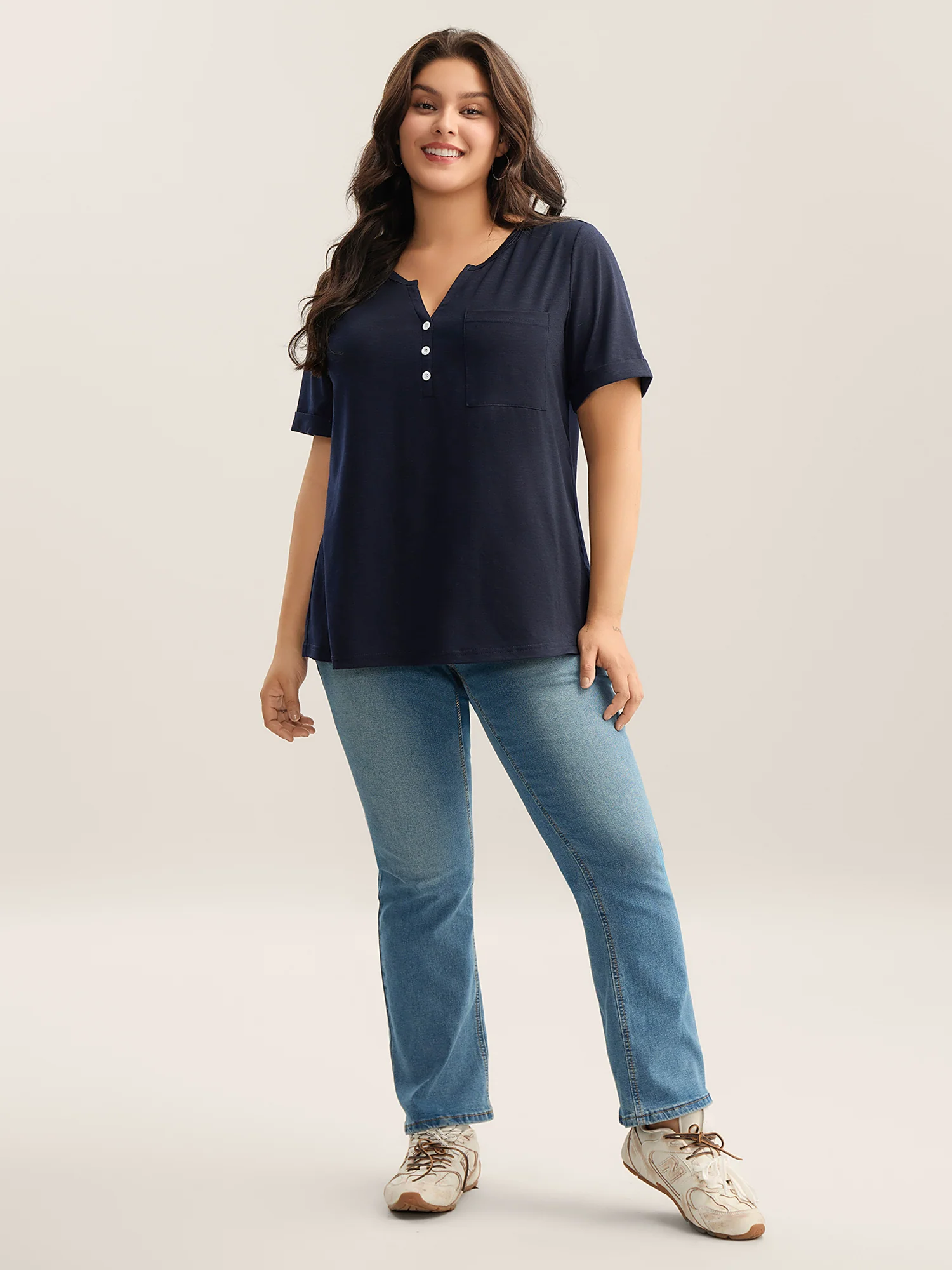 Solid Split Neck Button Detail T-Shirt - Image 31
