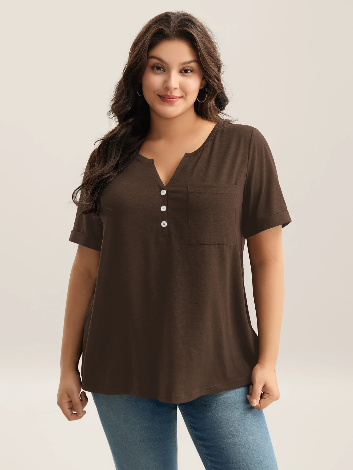 Solid Split Neck Button Detail T-Shirt - Image 36